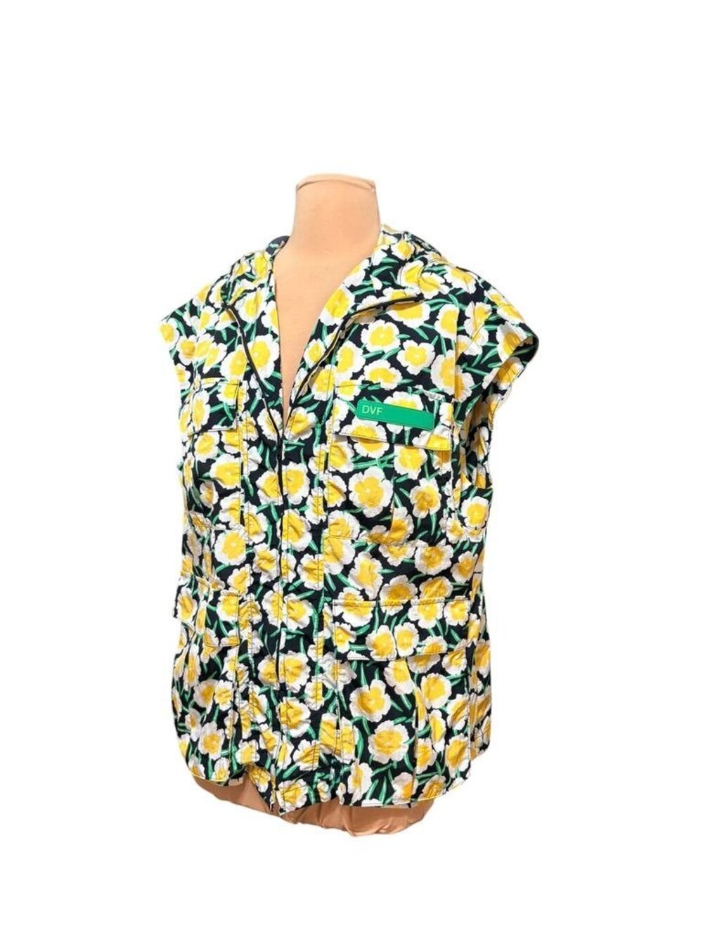 DVF Nylon Yellow Poppy Short Sleeve Hooded Vest XS Packable Ltd Edition EUC
